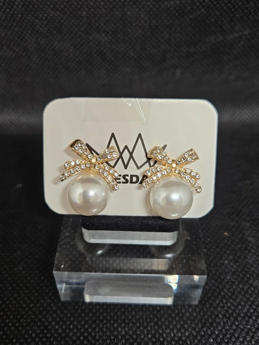 Gold Crystals Ribbon / Pearl Stud Earrings